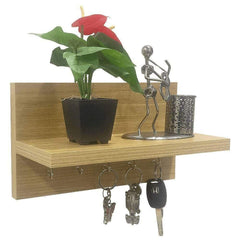 Omega 6 Wall Mounted Decor Shelf with Key Hooks- Oak Finish Decor - A10 SHOP