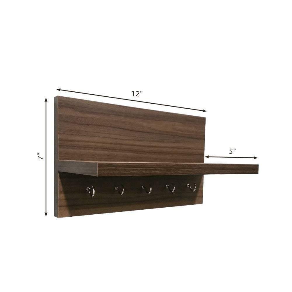 Omega 6 Wall Mounted Decor Shelf with Key Hooks- Walnut Finish Decor - A10 SHOP