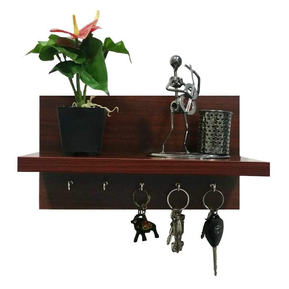 Omega 6 Wooden Key Holder With Wall Decor Shelf, 5 Key Hooks- Mahogany Finish Decor - A10 SHOP